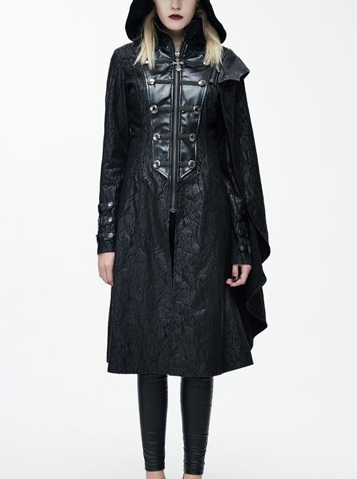 Palace Style Steam Punk Black Hooded Standing Collar Women's Medium Length Coat