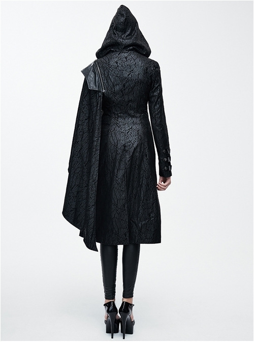 Palace Style Steam Punk Black Hooded Standing Collar Women's Medium Length Coat