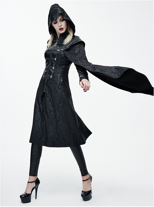 Palace Style Steam Punk Black Hooded Standing Collar Women's Medium Length Coat