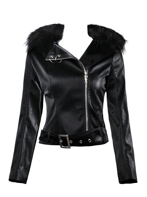 Punk Black Fur Collar Black PU Leather Slim Short Jacket
