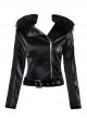 Punk Black Fur Collar Black PU Leather Slim Short Jacket