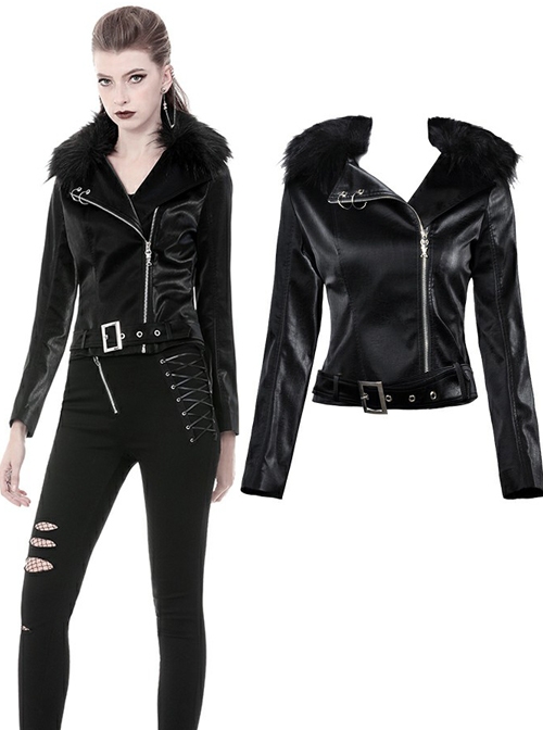 Punk Black Fur Collar Black PU Leather Slim Short Jacket
