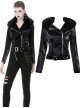 Punk Black Fur Collar Black PU Leather Slim Short Jacket