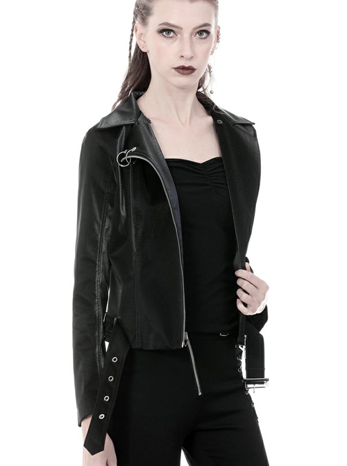 Punk Black Fur Collar Black PU Leather Slim Short Jacket