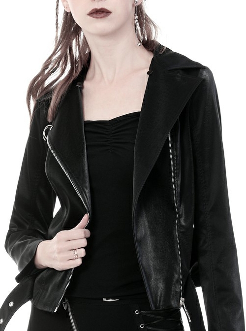 Punk Black Fur Collar Black PU Leather Slim Short Jacket