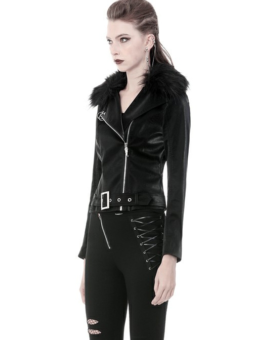Punk Black Fur Collar Black PU Leather Slim Short Jacket