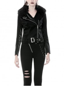 Punk Black Fur Collar Black PU Leather Slim Short Jacket