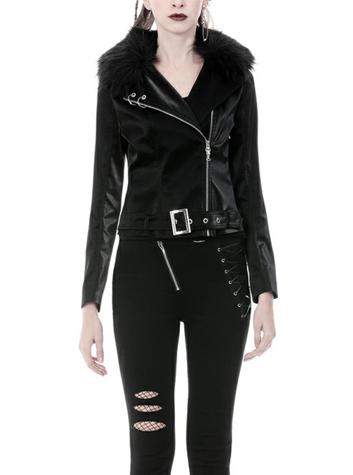 Punk Black Fur Collar Black PU Leather Slim Short Jacket