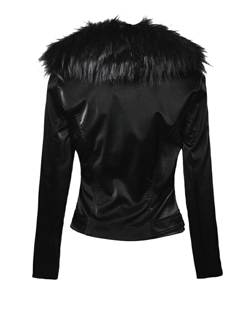 Punk Black Fur Collar Black PU Leather Slim Short Jacket