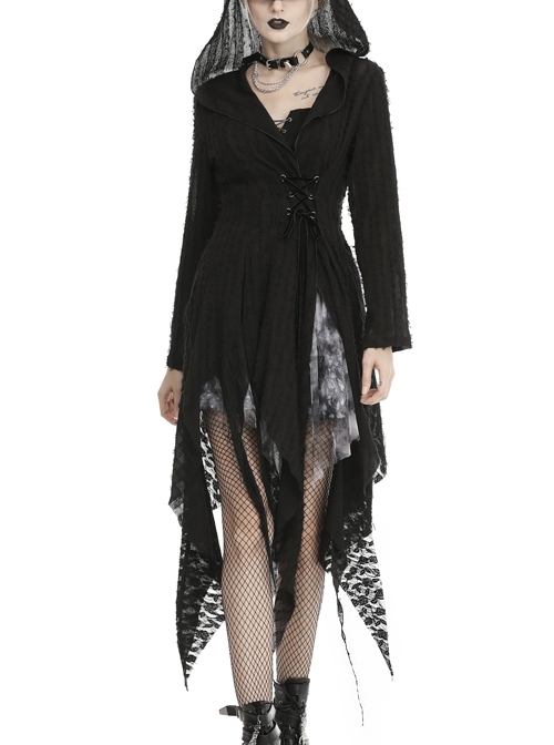 Punk Black Irregular Hem Hooded Shredded Cardigan Thin Outer Clothing