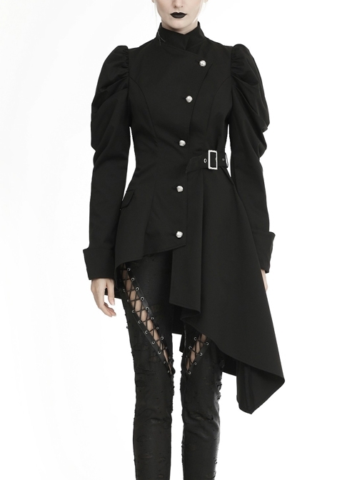 Warrior Punk Stand-up Collar Asymmetric Button Irregular Hem Black Jacket