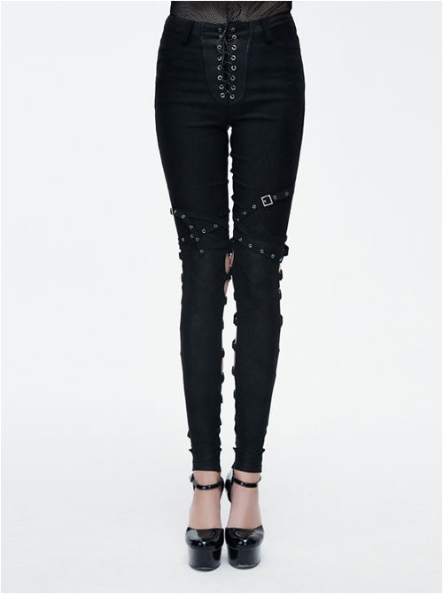 Punk Black Cross Binding Bands Slim Fit Sexy Pencil Pants