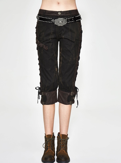 Steampunk Retro Pattern Industrial Style Lace-up Women Pencil Pants Cropped Trousers