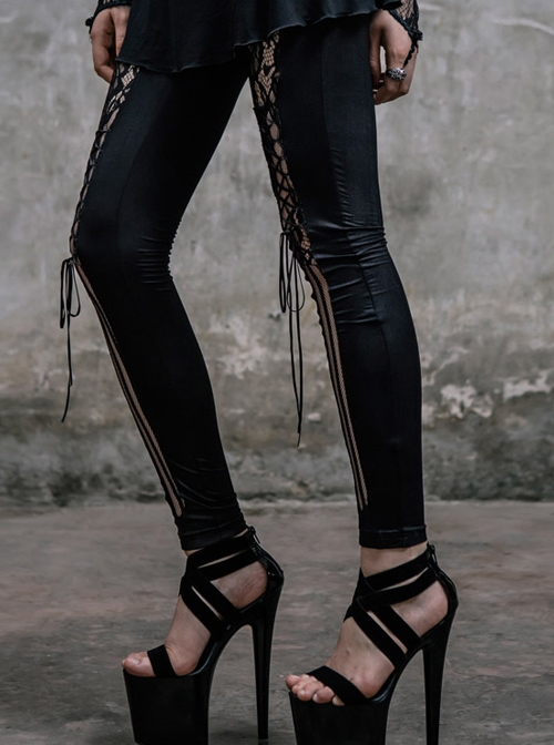 Steampunk Black Lace Lace-up Slim Trousers