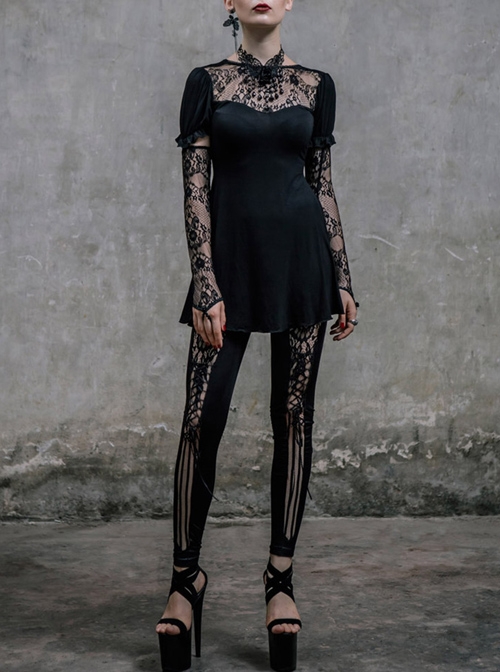 Steampunk Black Lace Lace-up Slim Trousers