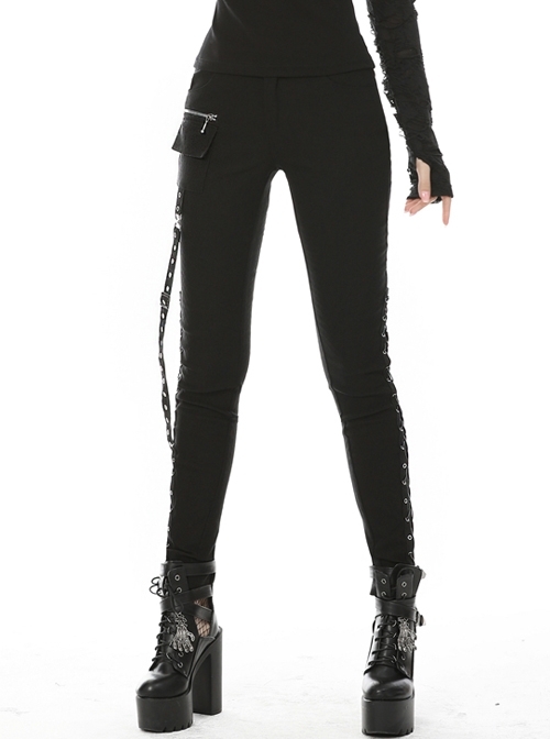 Punk Locomotive Asymmetric Eyelet Rope Black Slim Trousers