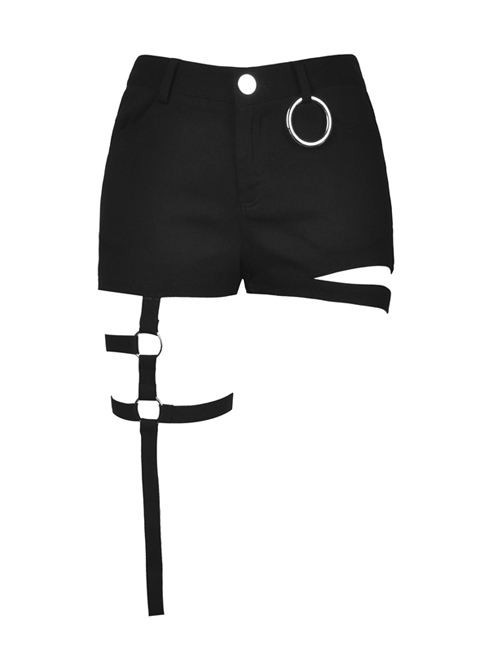 Punk Asymmetric Thigh Strap Black Slim Shorts