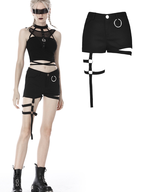Punk Asymmetric Thigh Strap Black Slim Shorts