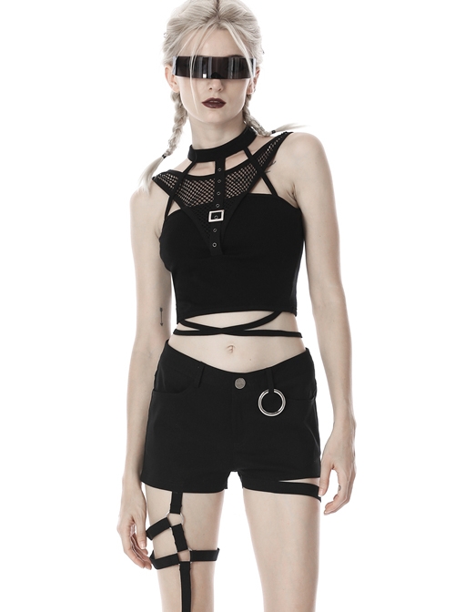 Punk Asymmetric Thigh Strap Black Slim Shorts
