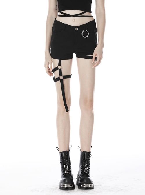 Punk Asymmetric Thigh Strap Black Slim Shorts
