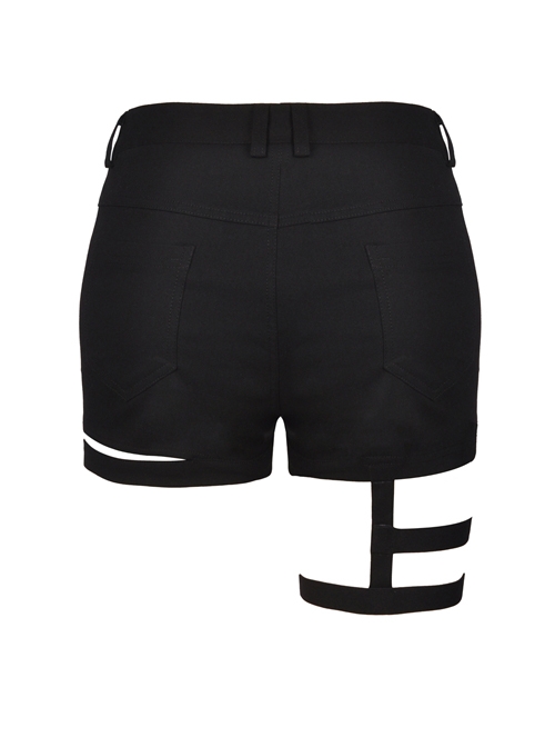 Punk Asymmetric Thigh Strap Black Slim Shorts