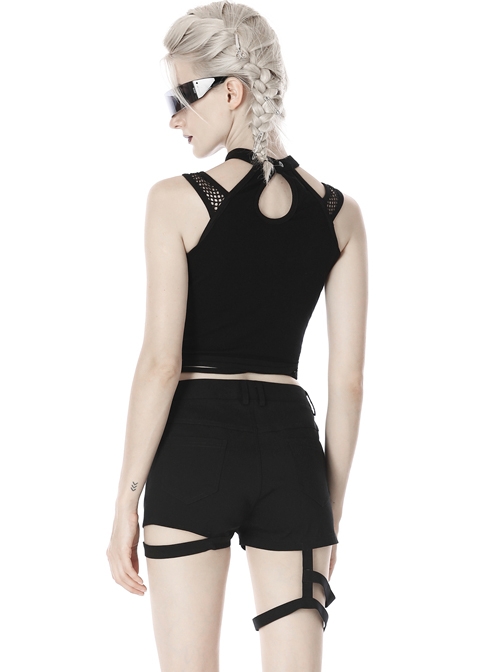 Punk Asymmetric Thigh Strap Black Slim Shorts