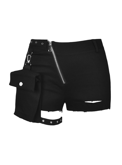 Punk Black Oblique Zipper Irregular Shorts With Side Bag