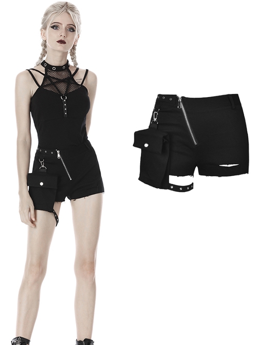 Punk Black Oblique Zipper Irregular Shorts With Side Bag