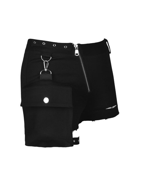 Punk Black Oblique Zipper Irregular Shorts With Side Bag