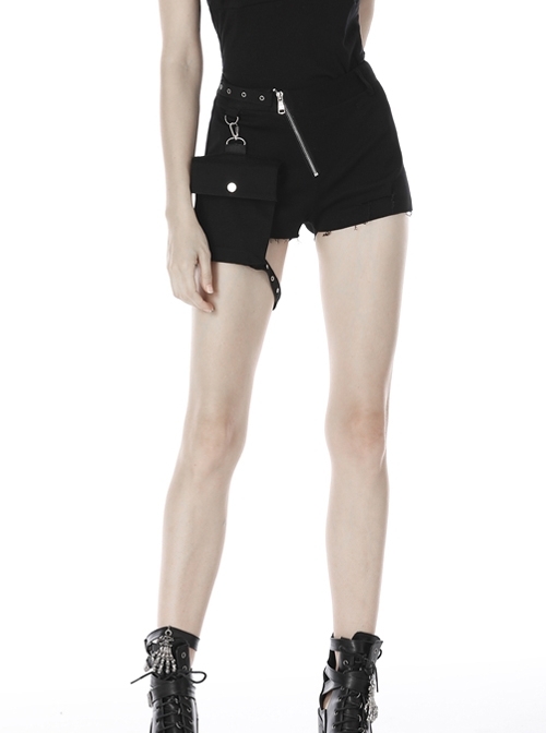 Punk Black Oblique Zipper Irregular Shorts With Side Bag
