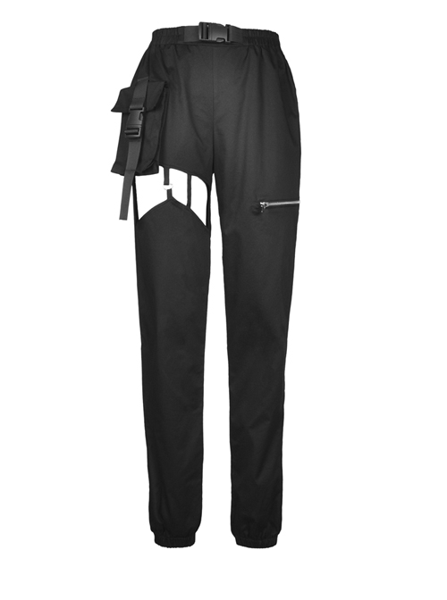 Punk Irregular Hollow Out Thigh Black Casual Trousers