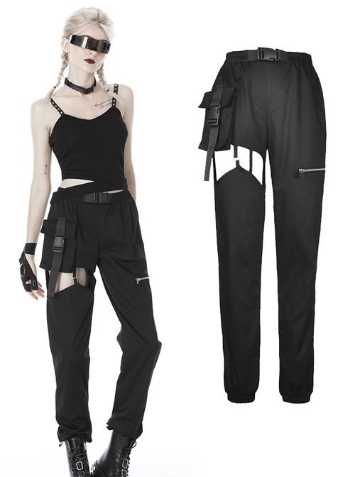 Punk Irregular Hollow Out Thigh Black Casual Trousers