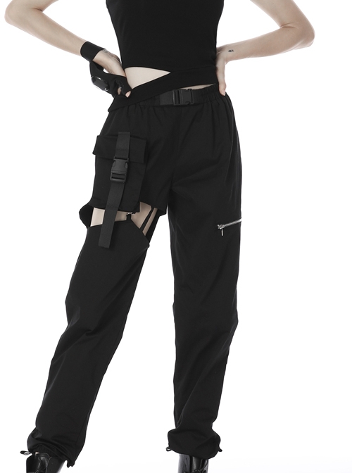 Punk Irregular Hollow Out Thigh Black Casual Trousers