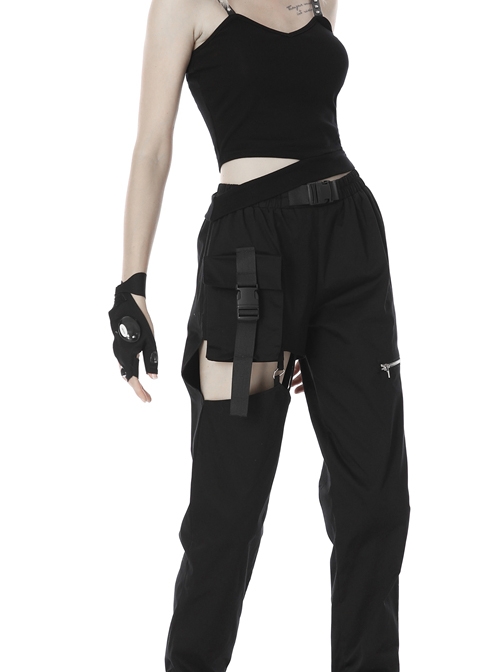 Punk Irregular Hollow Out Thigh Black Casual Trousers