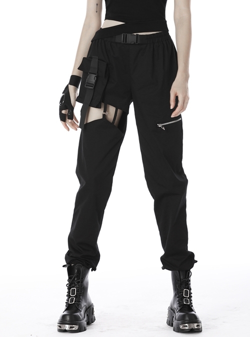 Punk Irregular Hollow Out Thigh Black Casual Trousers