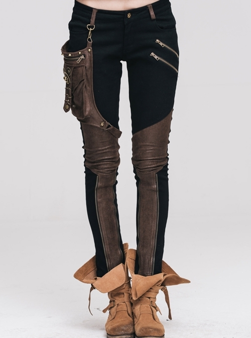 Steampunk Black Brown Pencil Pants With The Brown PU Rivet Small Pocket
