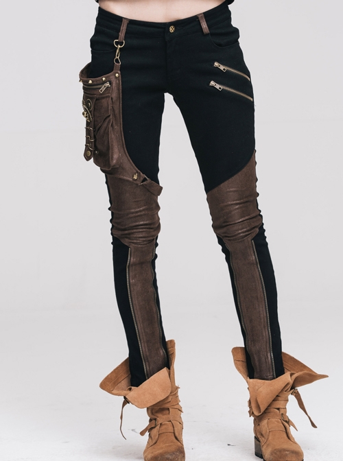 Steampunk Black Brown Pencil Pants With The Brown PU Rivet Small Pocket ...