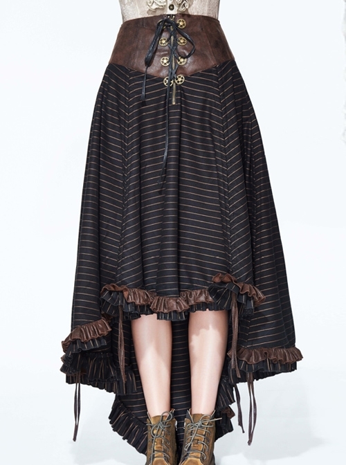 Steampunk Brown Vintage Lace-up Waistband High Waist A-line Big Hem Long Skirt