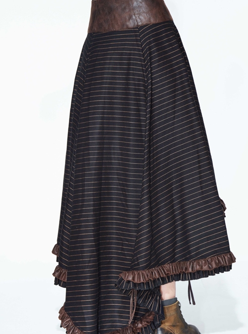 Steampunk Brown Vintage Lace-up Waistband High Waist A-line Big Hem Long Skirt