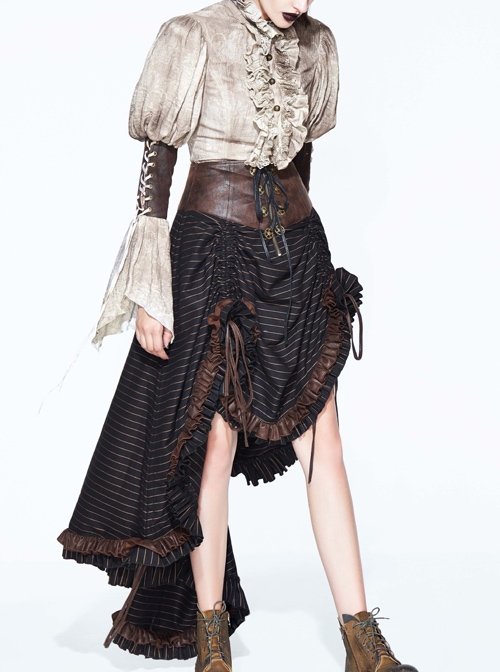 Steampunk Brown Vintage Lace-up Waistband High Waist A-line Big Hem Long Skirt