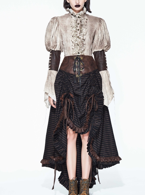 Steampunk Brown Vintage Lace-up Waistband High Waist A-line Big Hem Long Skirt