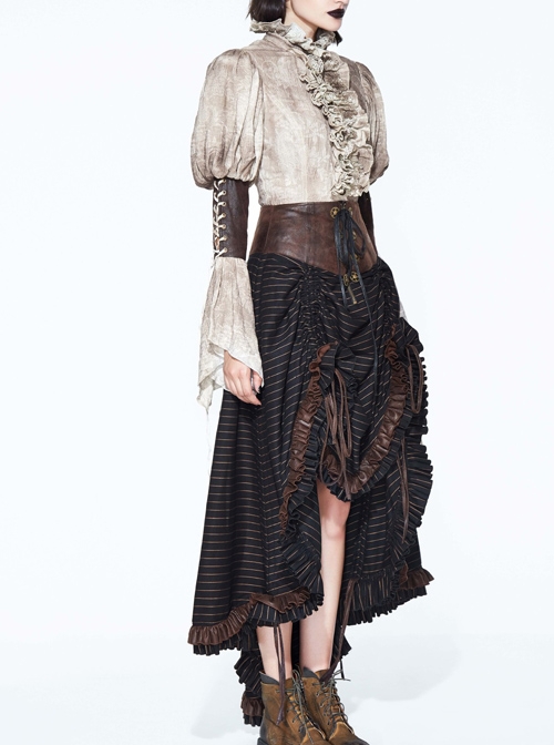 Steampunk Brown Vintage Lace-up Waistband High Waist A-line Big Hem Long Skirt