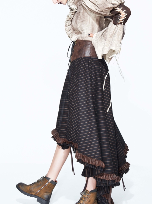 Steampunk Brown Vintage Lace-up Waistband High Waist A-line Big Hem Long Skirt