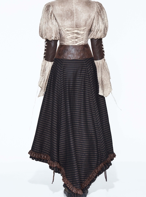 Steampunk Brown Vintage Lace-up Waistband High Waist A-line Big Hem Long Skirt
