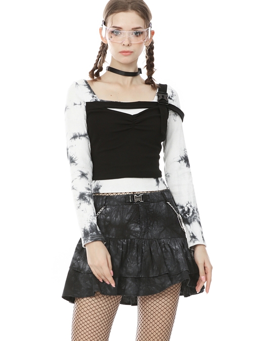 Punk Pins Chain Tie-dye Black Short Skirt
