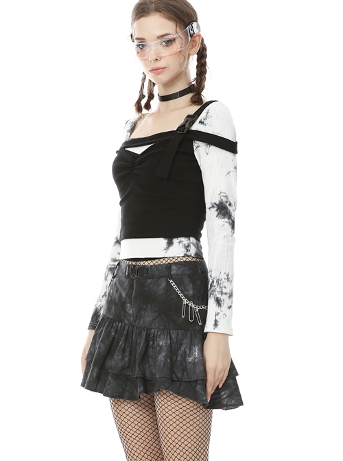 Punk Pins Chain Tie-dye Black Short Skirt