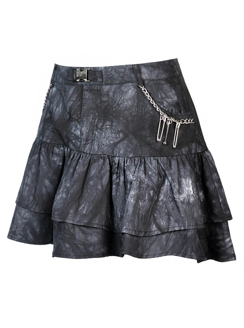 Punk Pins Chain Tie-dye Black Short Skirt