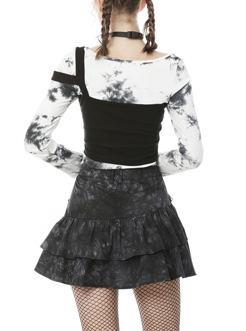 Punk Pins Chain Tie-dye Black Short Skirt