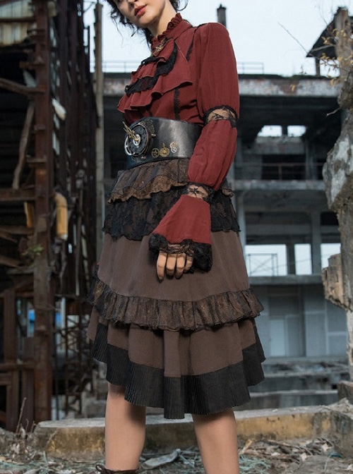 Steampunk Medieval High Waist Lace Ruffle Stitching Irregular Hem Short Skirt