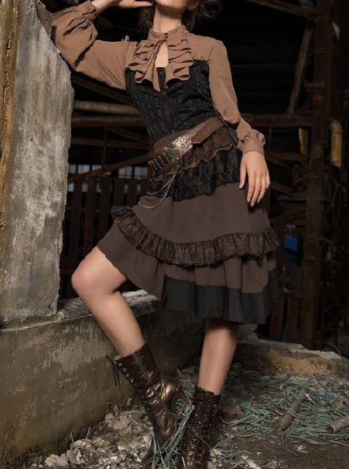 Steampunk Medieval High Waist Lace Ruffle Stitching Irregular Hem Short Skirt